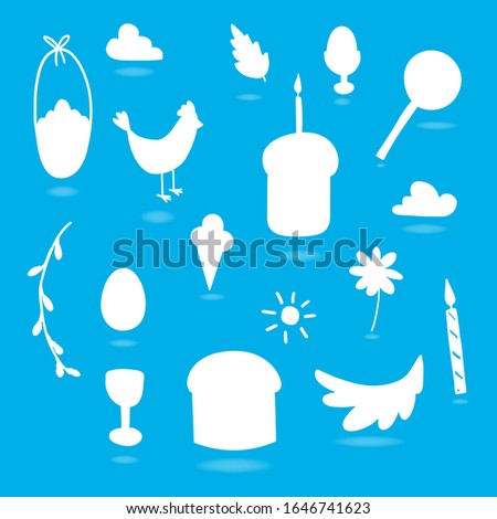 Cartoon Easter set design. Easter silhouette on a blue background with shadow. Vector ice cream, Easter cake, basket with eggs, candy, lollipop, candle, willow, sun, arable land, poached, egg cup