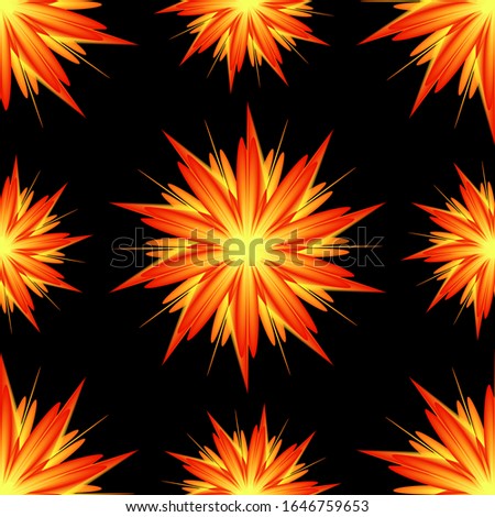 Fantasy lava flower seamless pattern. Elegant floral design with black isolated background.