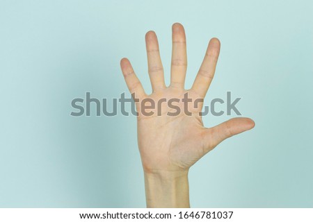 Five fingers displayed by a human hand isolated on a blue background.