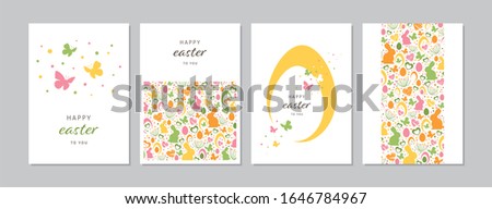 Easter cards set with hand drawn rabbits, eggs, butterflies, flowers and dots. Doodles and sketches vector vintage illustrations, DIN A6