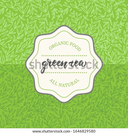 Packaging design for green tea. Lettering inscription on rosette with hand drawn linear pattern background