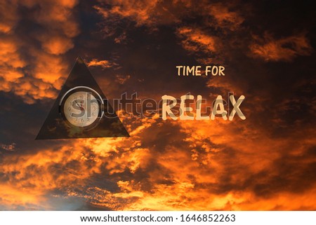Word writing text Time for Relax.  Inspirational motivational message. Business concept. Sky and clock in the background