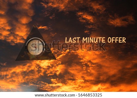 Word writing text Last minute Offer.  Inspirational motivational message. Business concept. Sky and clock in the background