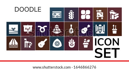 doodle icon set. 19 filled doodle icons.  Simple modern icons such as: Nougat, Terrarium, Slide, Guitar, Chalk, Hamsa, Pencil case, Blackboard, Taurus, Sketch, Mozy, Drawing