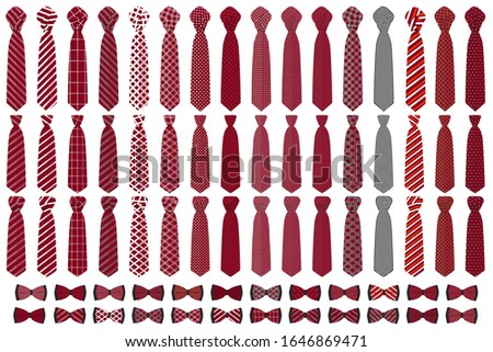 Illustration on theme big colored set neckties different types, bow tie various size. Necktie consisting of collection textile garments bow tie for beauty. Bow tie is accessory brutal man in necktie.