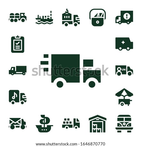Modern Simple Set of van Vector filled Icons. Contains such as Truck, Delivery, Delivery truck, Ambulance, Van, Food cart, Mail truck and more Fully Editable and Pixel Perfect icons.