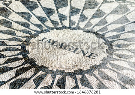 Black and White Imagine Tribute Sign on the Floor. Historic Mosaic Memorial in Central Park, Manhattan, New York City, USA