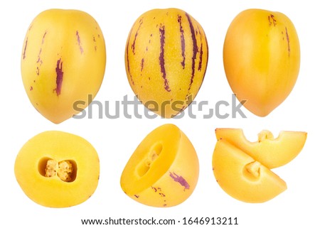 Fresh Pepino fruit with leaves isolated on white background. Top view, flat lay