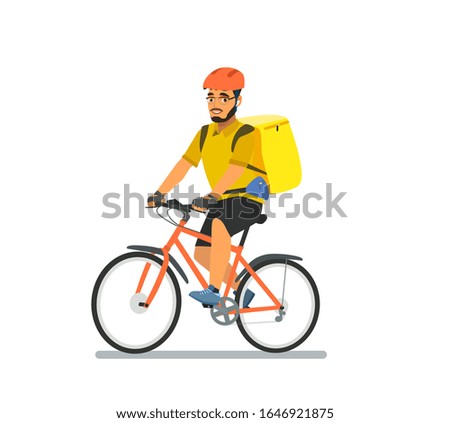 Delivery of bicycles by logistic courier. Bike messenger is a bearded male character of hipster style. Vector illustration in cartoon style