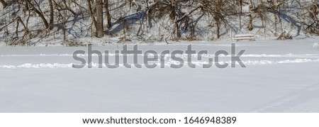 Panorama of a picnic table at the edge of a frozen skating pond with a wooded hillside in the background