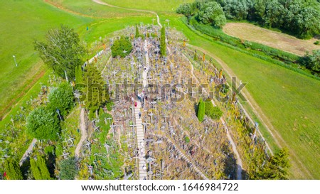 Beautiful Aerial view photo from flying drone panoramic on  Hill of Crosses (Kryziu kalnas), a famous site of pilgrimage  Siauliai, Lithuania. (series)