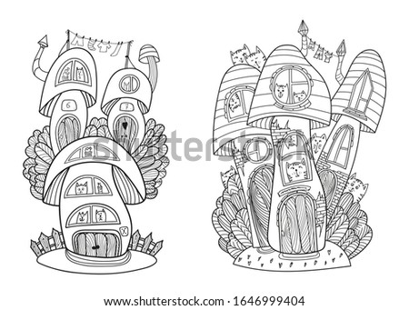 Coloring page. Cartoon cute mushroom illustration set. Childish design for kids activity colouring book about fantasy forest world. Lovely illustration. Freehand sketch. Cute cats, whales collection