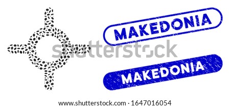 Mosaic roulette and grunge stamp seals with Makedonia phrase. Mosaic vector roulette is created with randomized elliptic dots. Makedonia stamp seals use blue color, and have round rectangle shape.