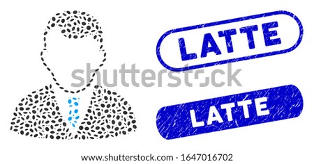 Mosaic manager and distressed stamp seals with Latte phrase. Mosaic vector manager is composed with random oval pieces. Latte stamp seals use blue color, and have round rectangle shape.