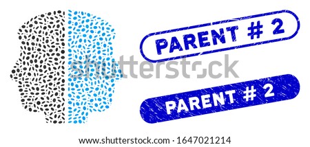 Mosaic dual face and corroded stamp seals with Parent # 2 phrase. Mosaic vector dual face is formed with randomized oval parts. Parent # 2 stamp seals use blue color, and have round rectangle shape.