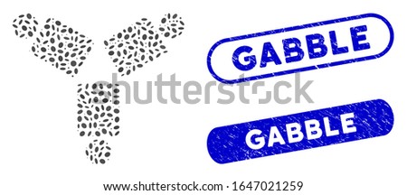 Collage community and distressed stamp seals with Gabble caption. Mosaic vector community is composed with scattered elliptic items. Gabble stamp seals use blue color, and have round rectangle shape.
