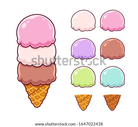 Cartoon ice cream constructor set with ice cream scoops and waffle cones. Vanilla, strawberry, chocolate and other traditional Italian gelato flavors. Cute and simple clip art illustration.