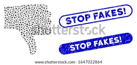 Mosaic thumb down and rubber stamp watermarks with Stop Fakes! caption. Mosaic vector thumb down is composed with random elliptic dots. Stop Fakes! stamp seals use blue color,