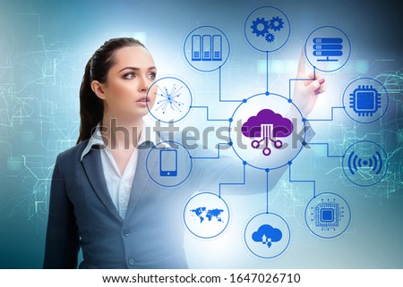 Cloud computing concept with woman pressing buttons