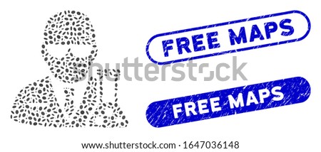 Mosaic chemical scientist and grunge stamp seals with Free Maps text. Mosaic vector chemical scientist is composed with scattered elliptic spots. Free Maps stamp seals use blue color,