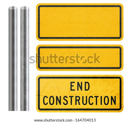 Blank Yellow Sign and end construction sign with metal bar, isolated in white  (with clipping work path)