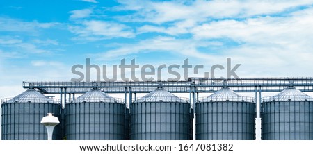 Agricultural silo at feed mill factory. Big tank for store grain in feed manufacturing. Seed stock tower for animal feed production. Commercial feed for livestock, swine and fish industries.  Royalty-Free Stock Photo #1647081382