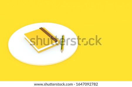 3D rendering Book and pencil yellow on podium white blackground yellow