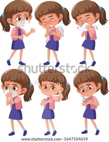 Set of girl with different symptoms on white background illustration
