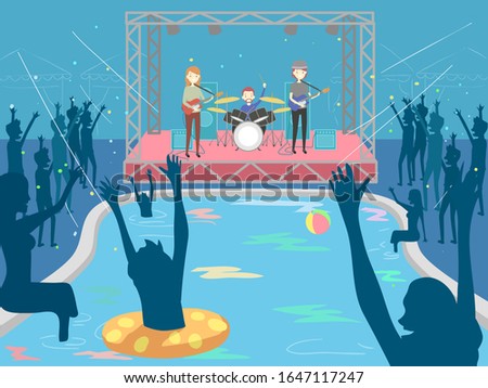 Illustration of Man and Woman in a Band Performing In a Pool Concert with Audience Watching Them In and By the Pool