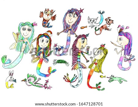 Pencil drawing of a girl of eight years, depicting cute mermaids and other fabulous inhabitants of the underwater world