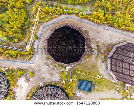 Cooling dismantling tower system for condensation steam of water thermal power plants. Aerial view.