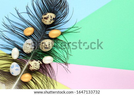 A large feather on colorful geometric background with quail eggs motley coloring, gold and white  candies on it. Creative minimal trend concept of food, Easter. Copy space.