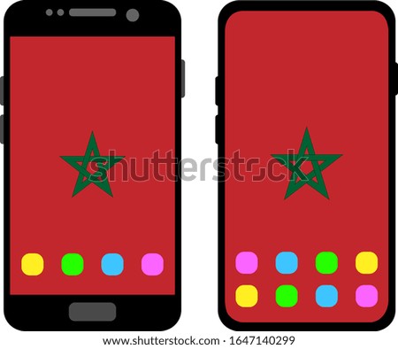 Two black smartphones with a home screen and wallpaper with the flag of Morocco: old model with gray buttons and new model without buttons. Vector graphics, illustration