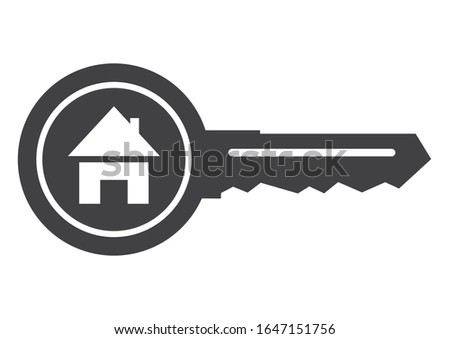 House at key, vector icon. Black silhouette of key with house. Concept for real estate agency or turnkey construction. Transparency design.