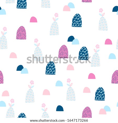 Cute garden seamless patten. Cartoon blooming flowers on hills background. Spring concept in childish style. Hand drawn vector illustration for wallpaper, textile, fabric design