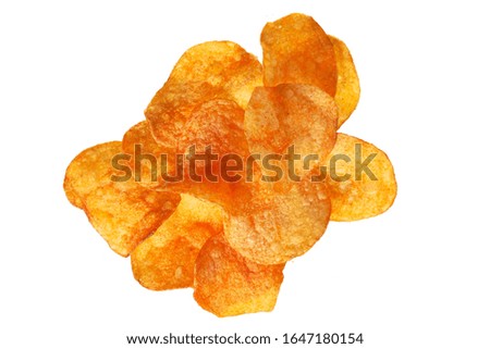 Heap of fried potato chips isolated on white background without shadow. Top view