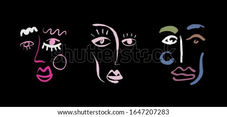 Abstract line  face. Contemporary drawing in modern cubism style. Portrait of a woman face isolated on colorful pastel textures with shapes.   Royalty-Free Stock Photo #1647207283
