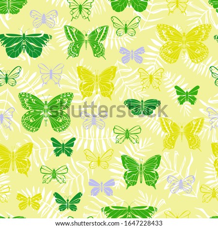 Colourfull seamless pattern of flying butterflies and leaves. Tropical butterfly silhouette. Hand drawn vector illustration. Print for fabric, paper and background.