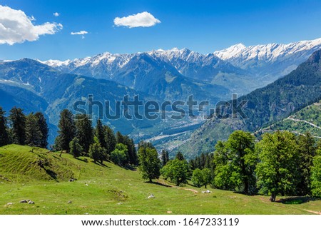 Spring meadow in Kullu valley in Himalaya mountains. Himachal Pradesh, India Royalty-Free Stock Photo #1647233119