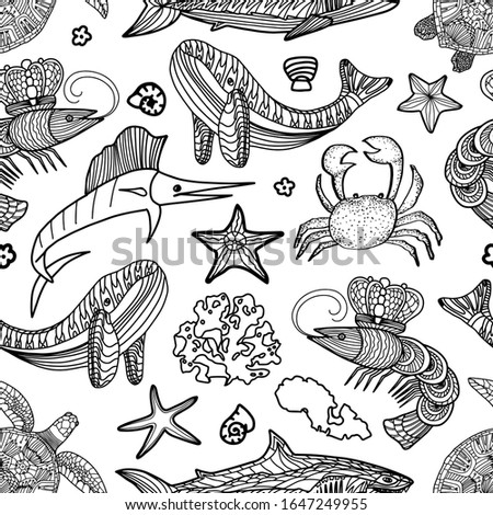 Seamless pattern with ocean animals and seaweed in doodle style isolated on white background. Vector outline illustration. Marlin fish,turtle, shrimp,shark,whale,crab. Menu restaurant, textile, print.