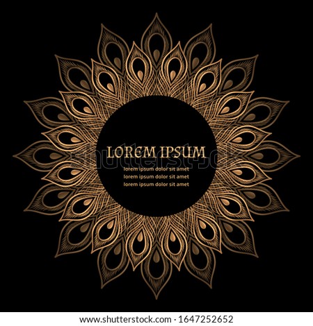 Luxury peacock feather pattern vector frame. Oriental lotus mandala royal label. Premium design for beauty spa salon flyer, yoga studio tag, wedding party invitation, Ramadan, save the date card.