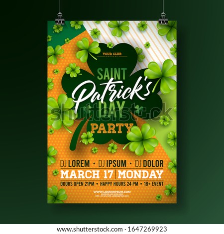 Saint Patricks Day Party Flyer Illustration with Clover and Typography Letter on Abstract Background. Vector Irish Lucky Holiday Design for Celebration Poster, Banner or Invitation.