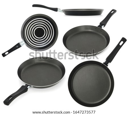 Black fry pan, skillet, clipping path, isolated on white background. Set of photos from different angles