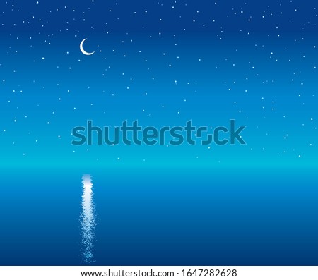 Horizon nightfall summer seawater scenery. Bright cyan color hand drawn scene symbol in modern art comic style. Scenic wild pond border view with copyspace for text on deep moonlit backdrop pattern