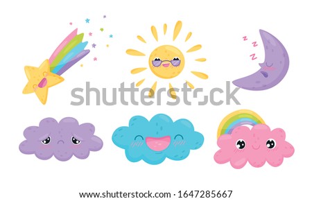 Clouds and Celestial Bodies Smiling and Feeling Sadness Vector Set