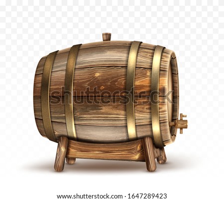 Wooden barrel for wine, beer or whiskey. Realistic cask from oak wood with copper or iron rings, stopper and tap, keg for rum or cognac isolated on transparent background, realistic 3d vector clipart