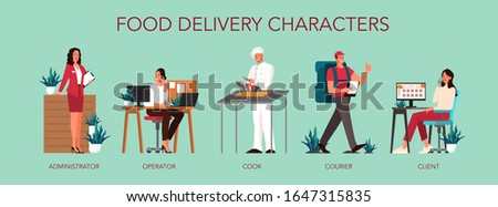 Food delivery from food service to client set. Woman ordering food, chef preparing and courier delivering. Order in the internet, pay by card and wait for courier. Isolated vector flat illustration