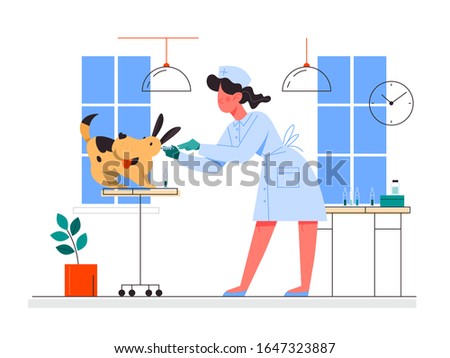 Pet vaccination. Nurse making a vaccine injection to a dog. Idea of vaccine injection for protection from disease. Medical treatment and healthcare. Immunization metaphor. Vector flat illustration