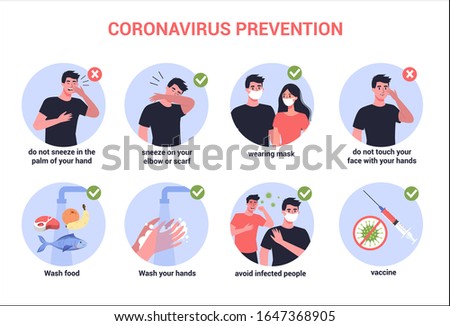 2019-nCoV virus protection tips. Coronovirus alert. Prevention infographics. Set of isolated vector illustration in cartoon style Royalty-Free Stock Photo #1647368905