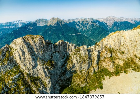 Helicopter aerial photo of the canyon wall in Montenegro continental part and mountain nature.